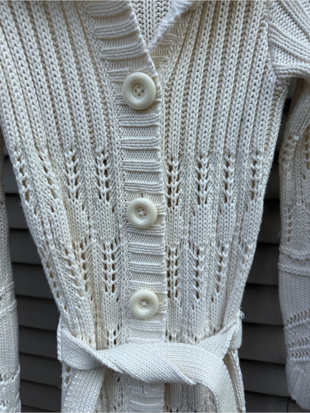 Moda International Long Cream Open-Knit Button-Front Belted Cardigan Size M - Picture 4 of 8